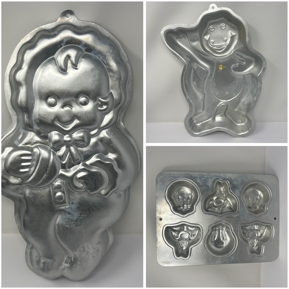 Wilton Vtg Cake Pan Lot 3 Barney Baby Looney Tunes Aluminum Baking Molds 90's